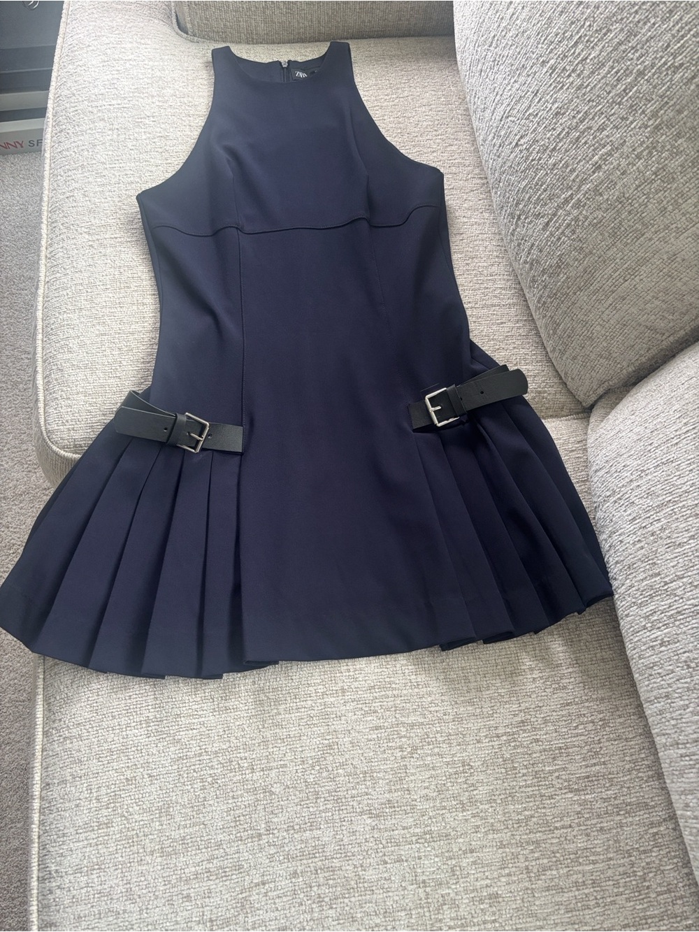 Zara Navy Blue Pleated Mini Dress with Buckle Details